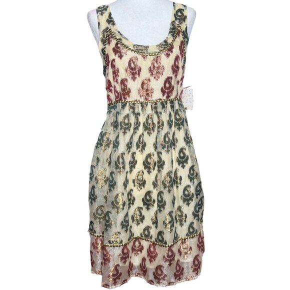 NEW Defects Free People Shimmering Champagne Paisley Mini Dress Sz 4 Green Red - Picture 2 of 13